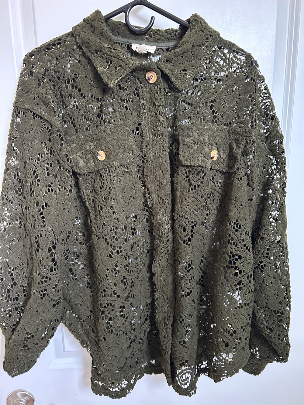 BiBi Olive Green Crochet Button-Down Shirt